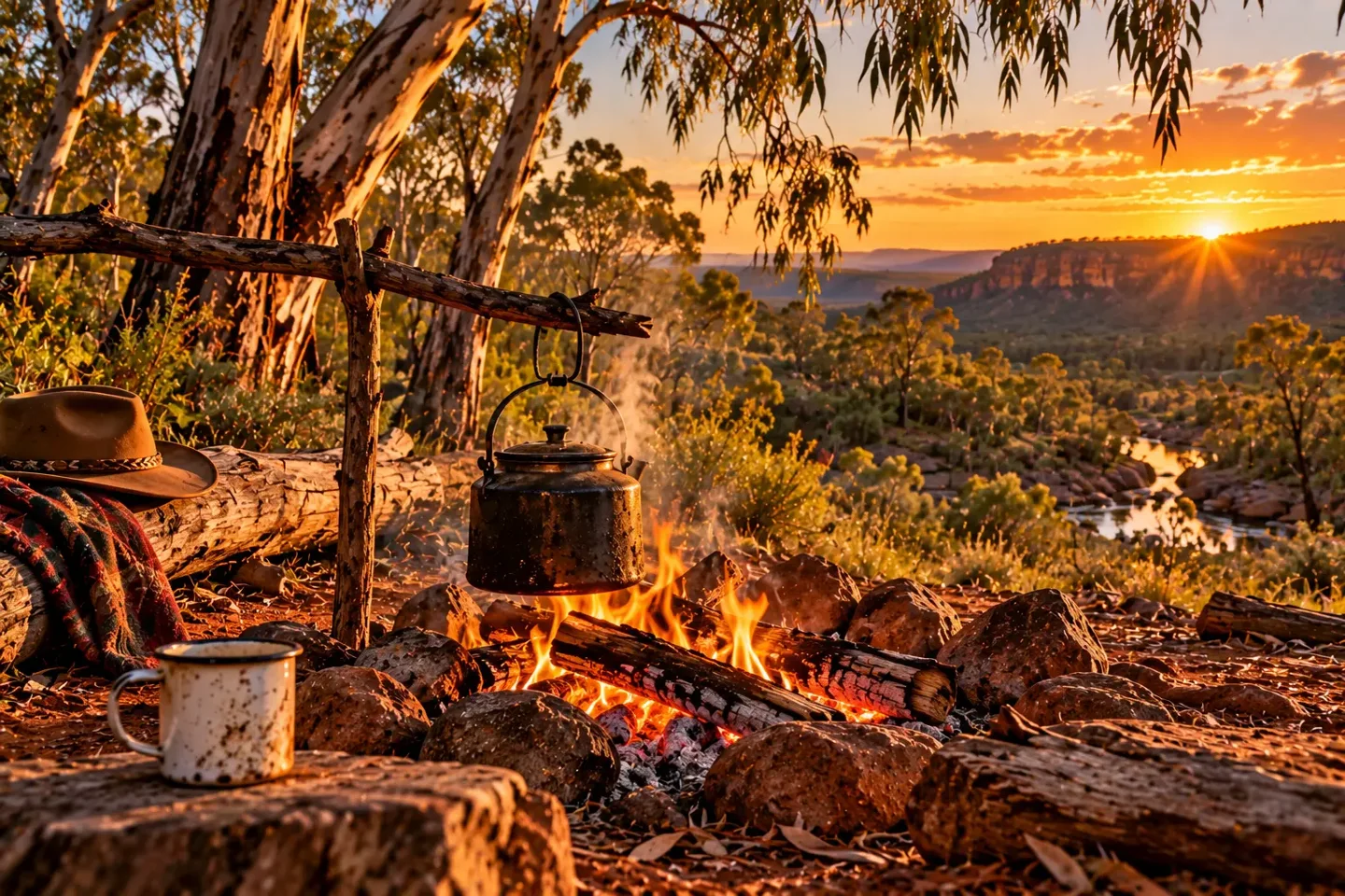 A billy over a campfire in Australian bush at sunset