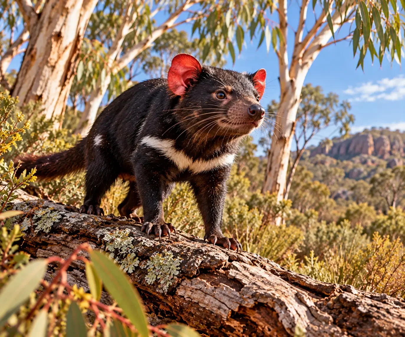 A Tasmanian devil on a fallen eucalyptus log