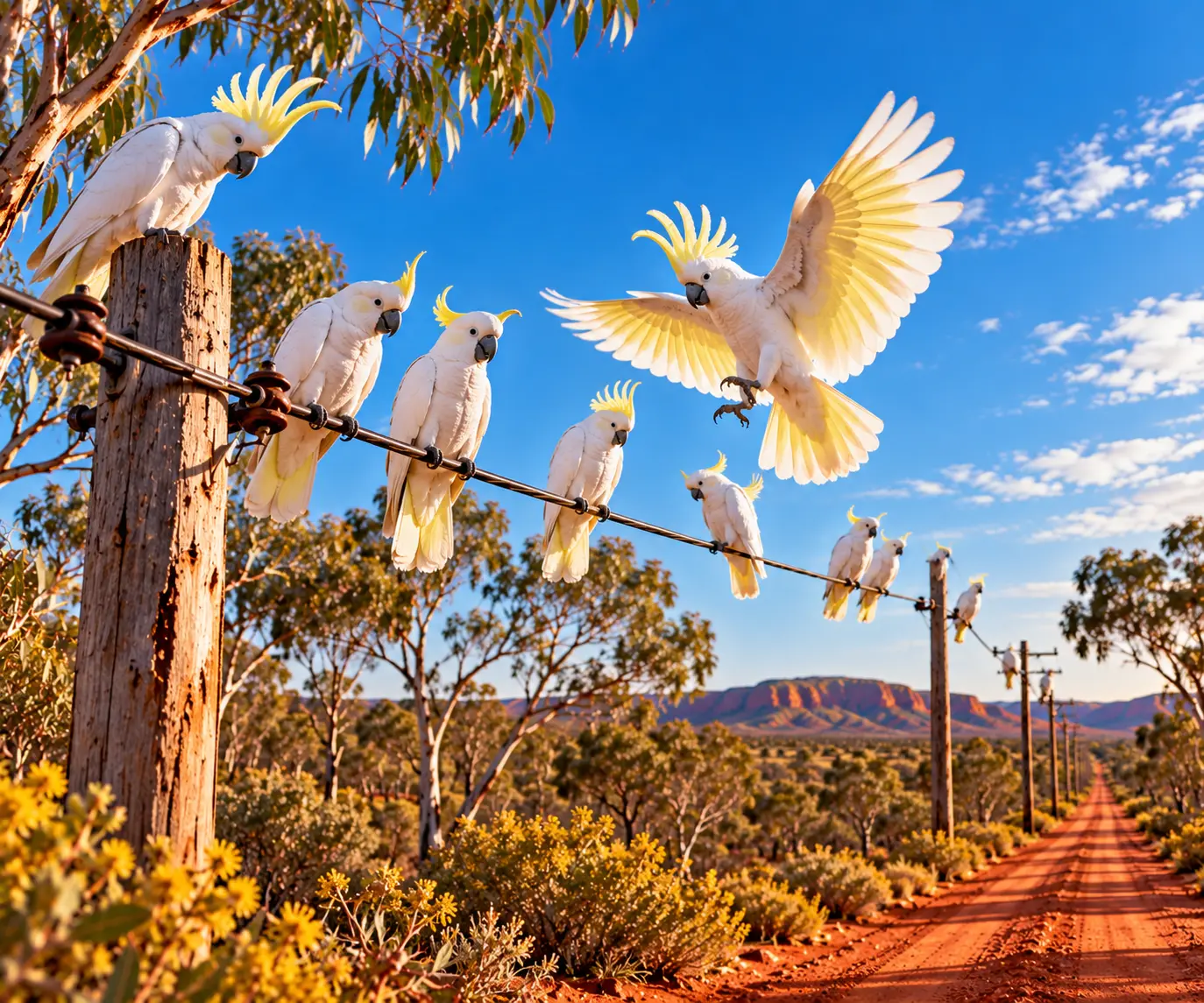 Golden cockatoos along a red outback road