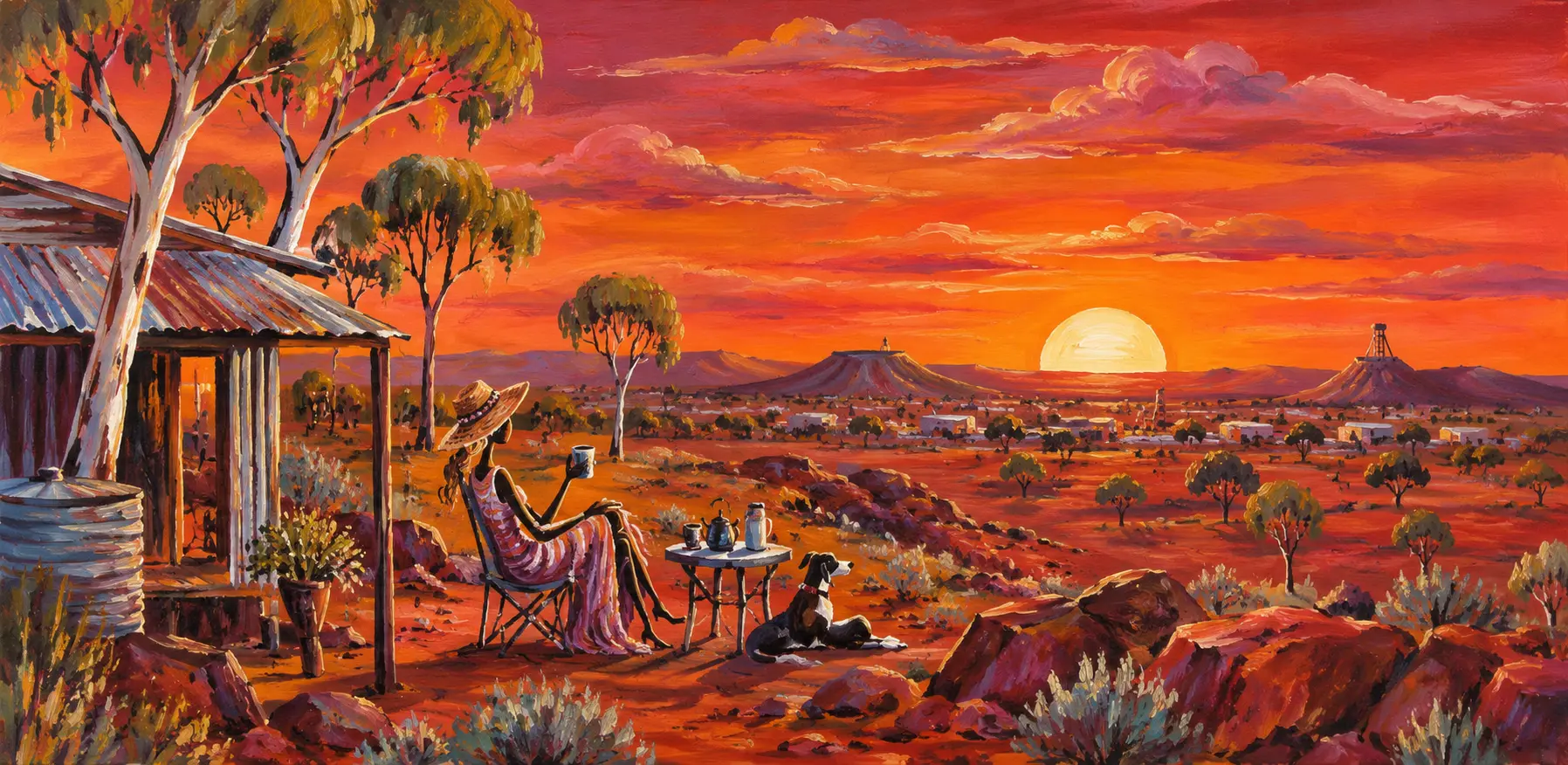 A quiet campfire under an outback sunset sky