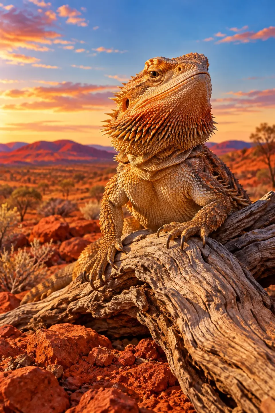 A bearded dragon on a log in a rust-red Australian landscape
