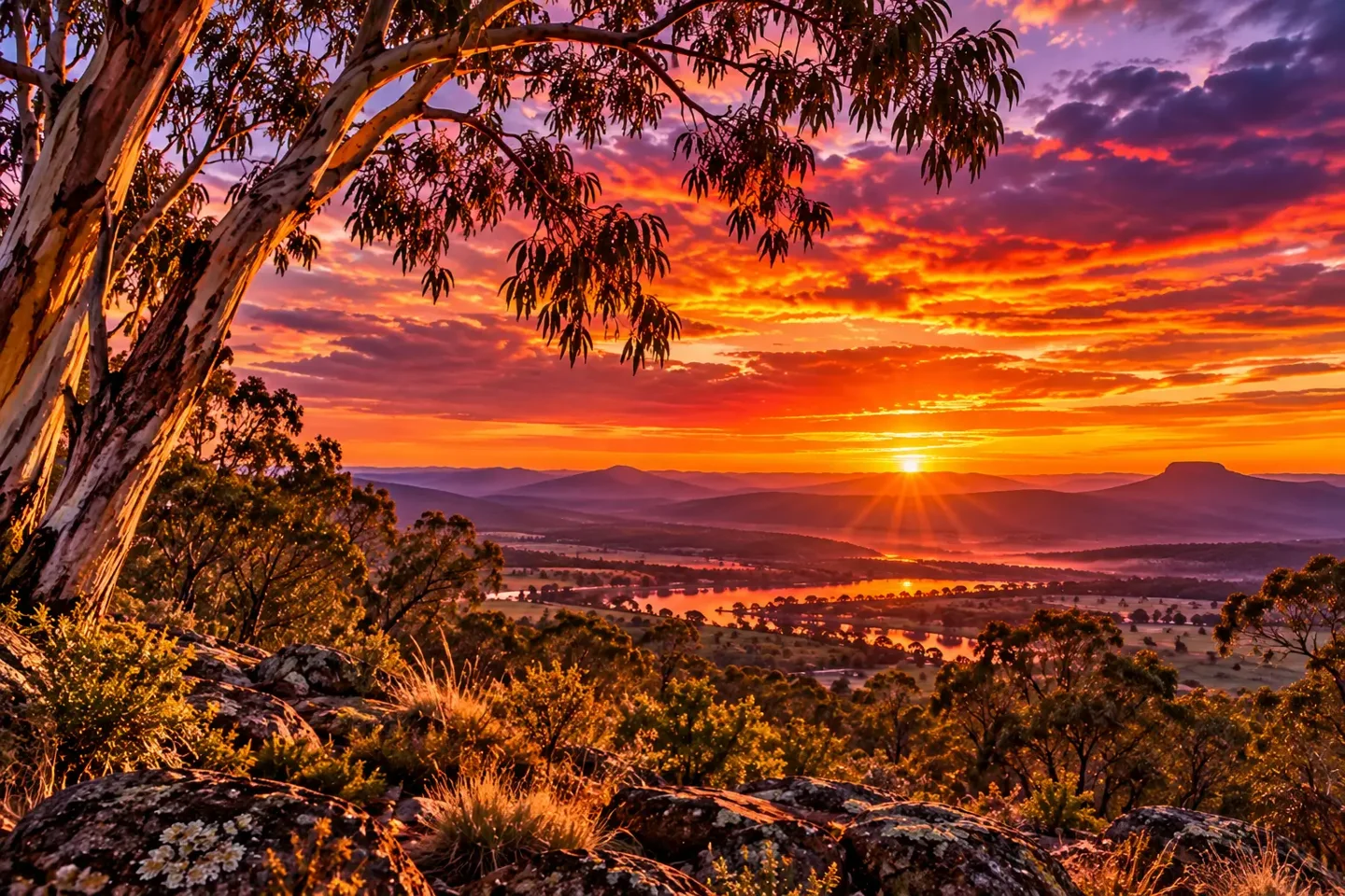 Eucalyptus overlooking an Australian valley at sunset
