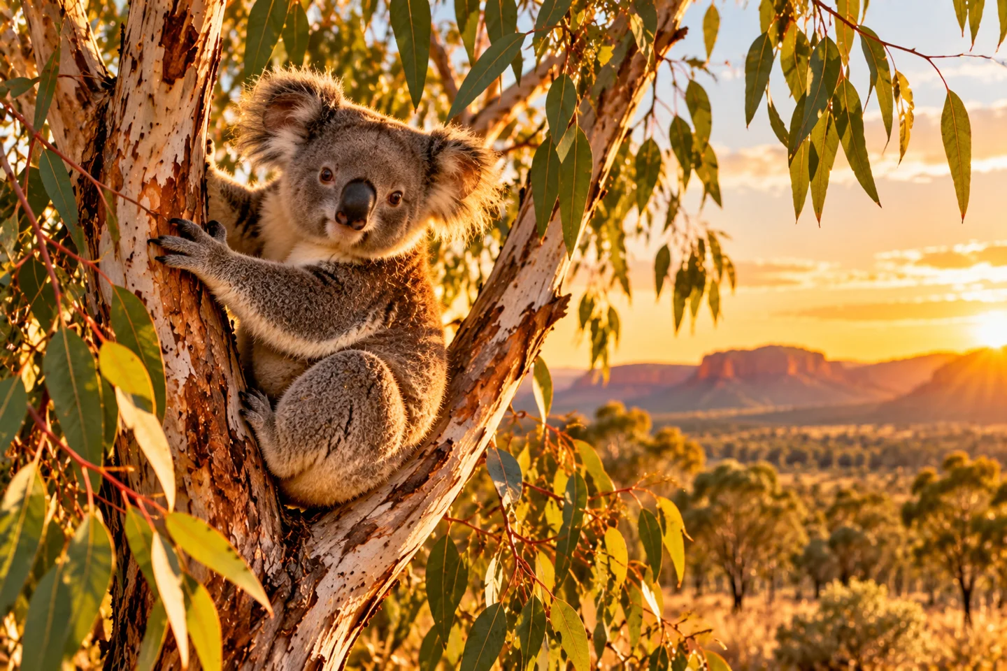 A koala resting in a eucalyptus tree in golden light