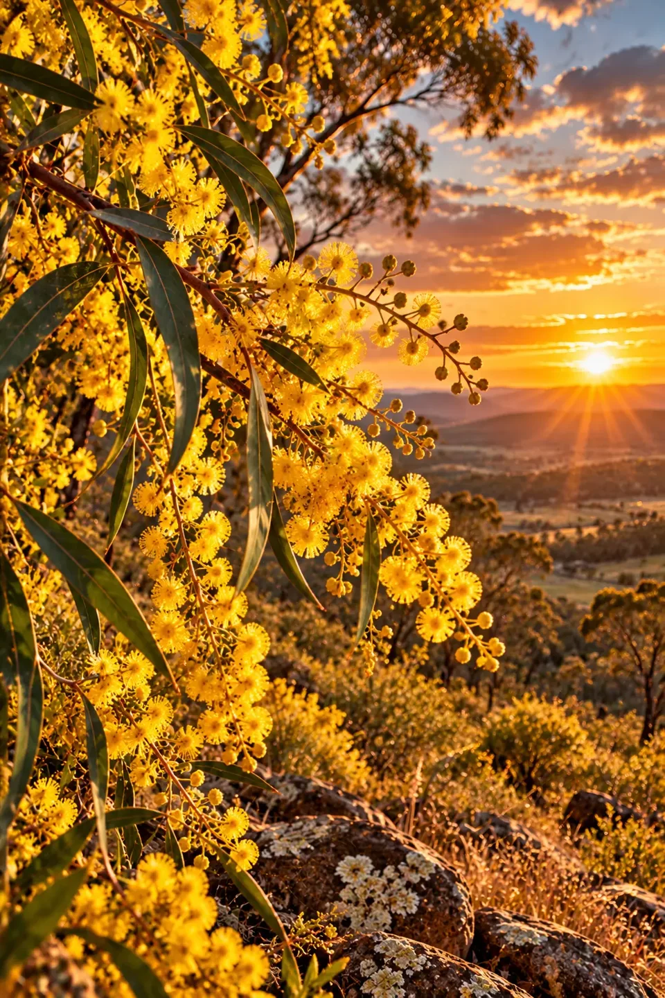 Golden Australian wattle flowers at sunset