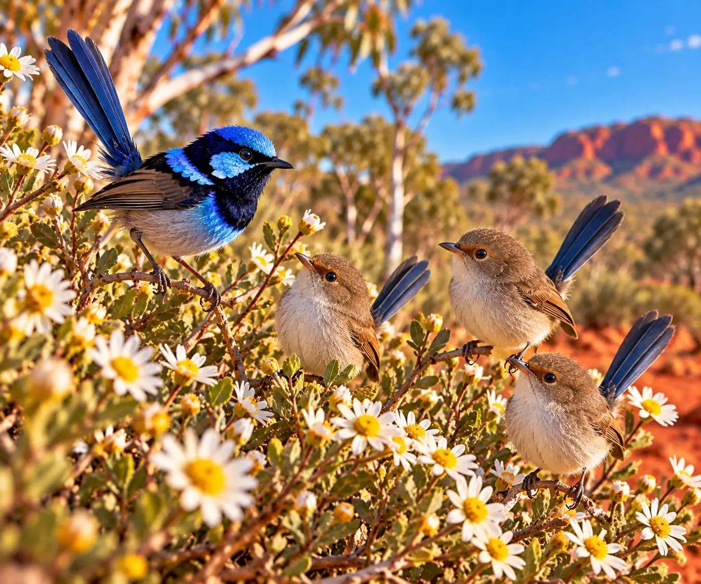 A family of blue wrens among daisies