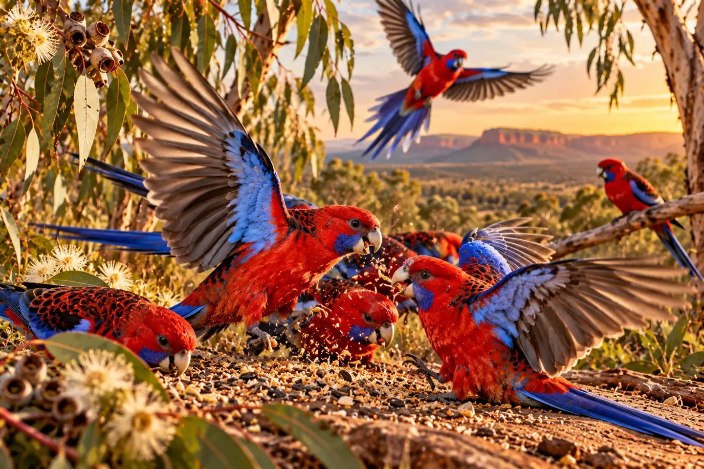 Crimson rosellas among eucalyptus leaves in golden light