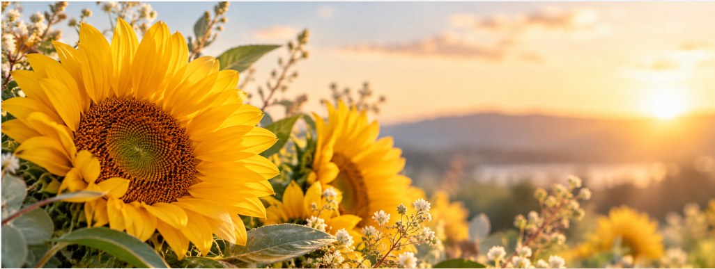 Sunflowers glowing in golden light above a hazy valley at sunrise