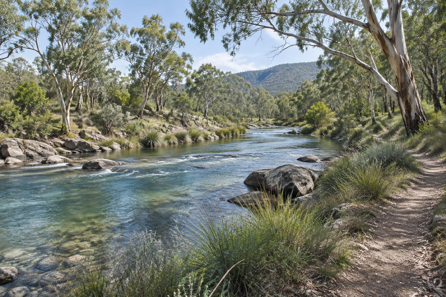 An open creek bordered by eucalyptus trees