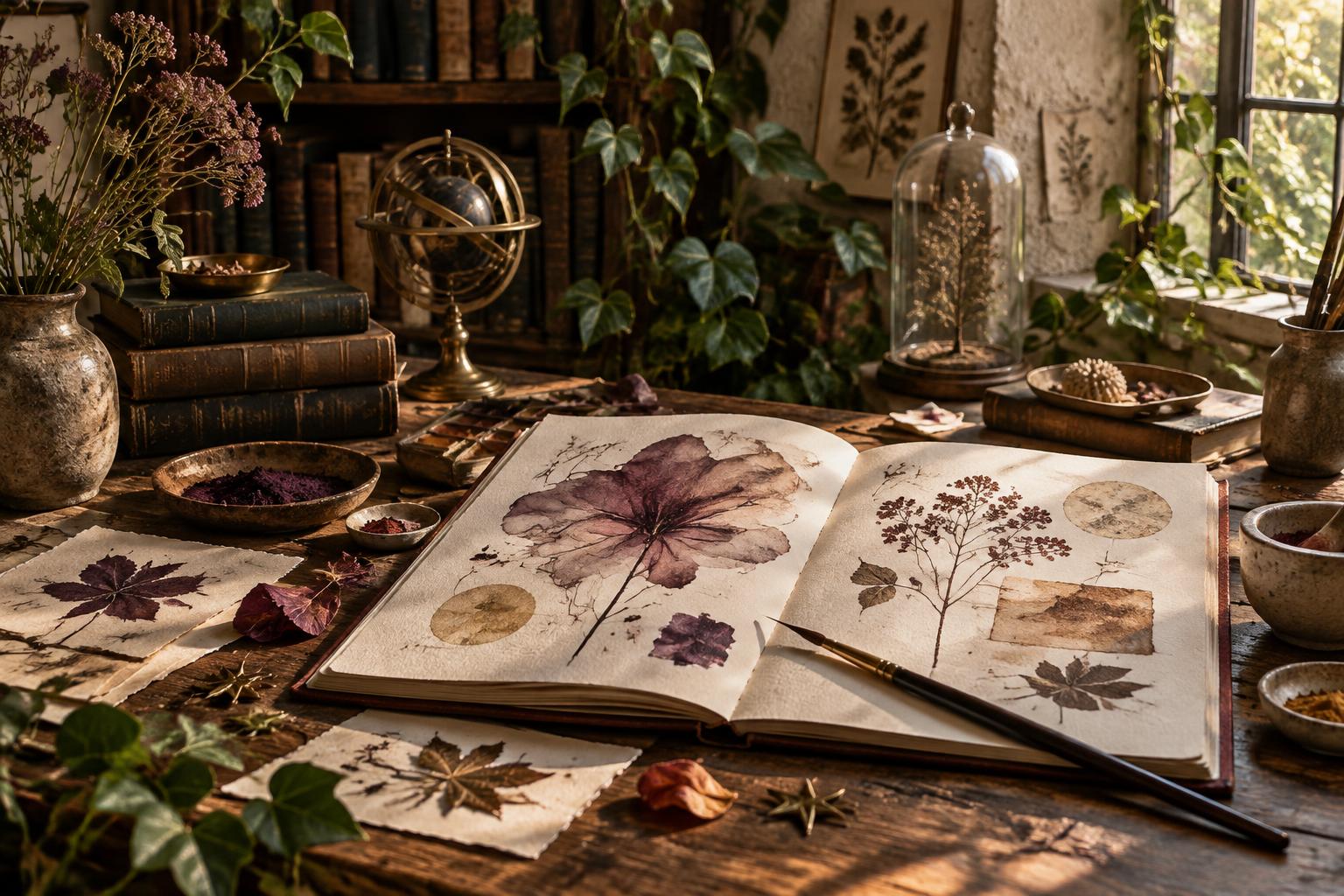 An artist's table with botanical studies, natural pigments, books and pressed leaves
