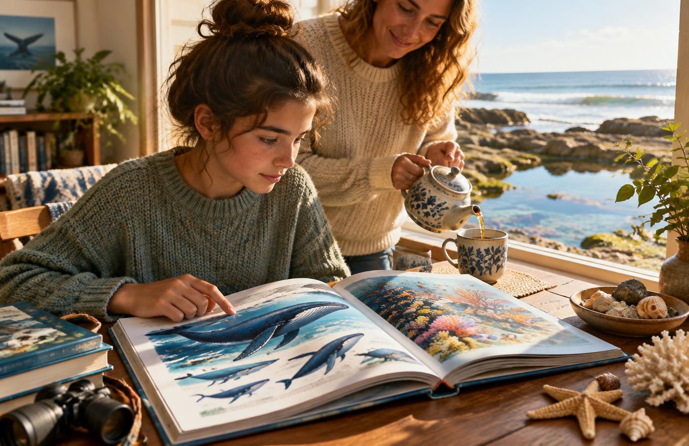 A person absorbed in a large illustrated book about whales and coral reefs, while an adult pours tea nearby in a sunlit room overlooking the ocean