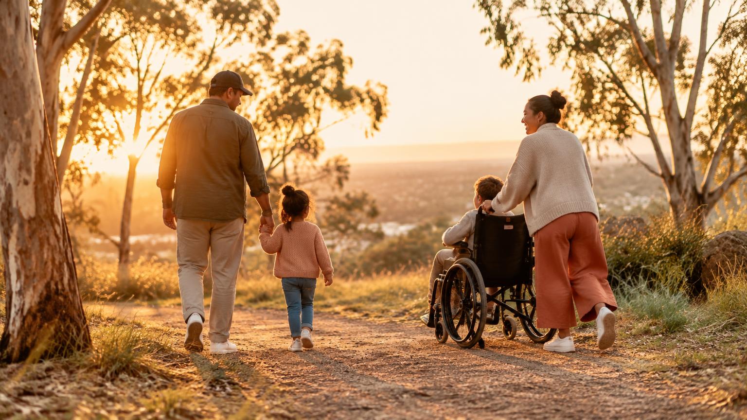 A family walking along a sunlit bush track at golden hour
