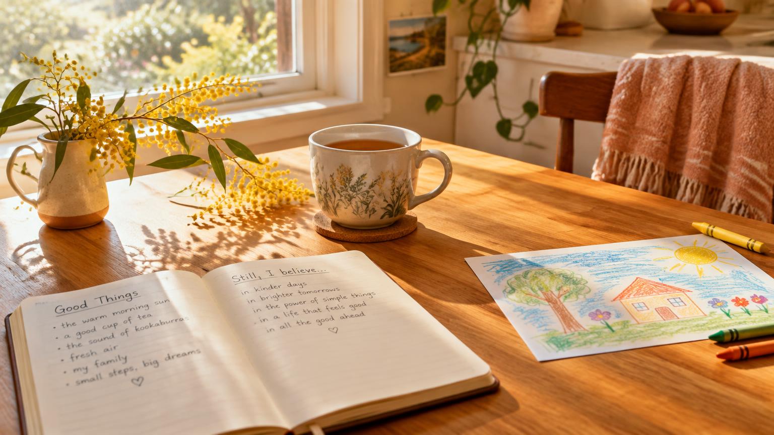 Morning sun on a kitchen table with an open journal, a cup of tea, golden wattle and a child's crayon drawing