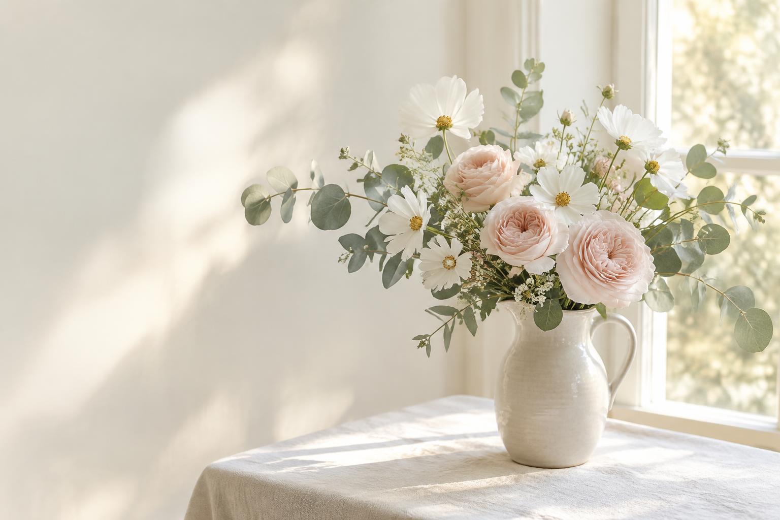 Pale pink roses, white cosmos and eucalyptus in a cream jug by a sunlit window